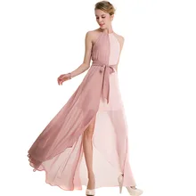 Amoyblue 2 Colors Pink/khaki Women Chiffon Long Summer Dress with PatchworkElegant Green/Gray Lady Split DressSexy Dresses