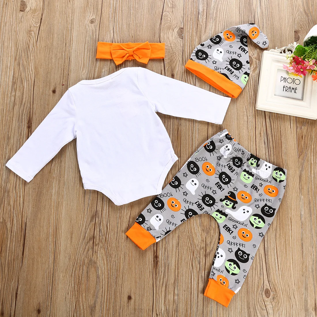 Halloween 4pcs Baby Boy Clothing Set Newborn Clothing Romper+pumpkin Print Pants+Hat Clothing Set Outfits