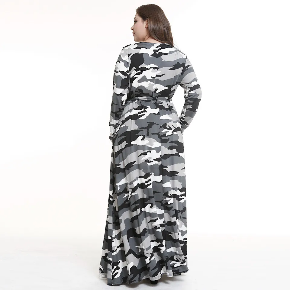

Large Size Autumn and Winter Female Long-sleeved Round Neck Camouflage Printed Belt Large Swing and Long Dress Women's Clothing