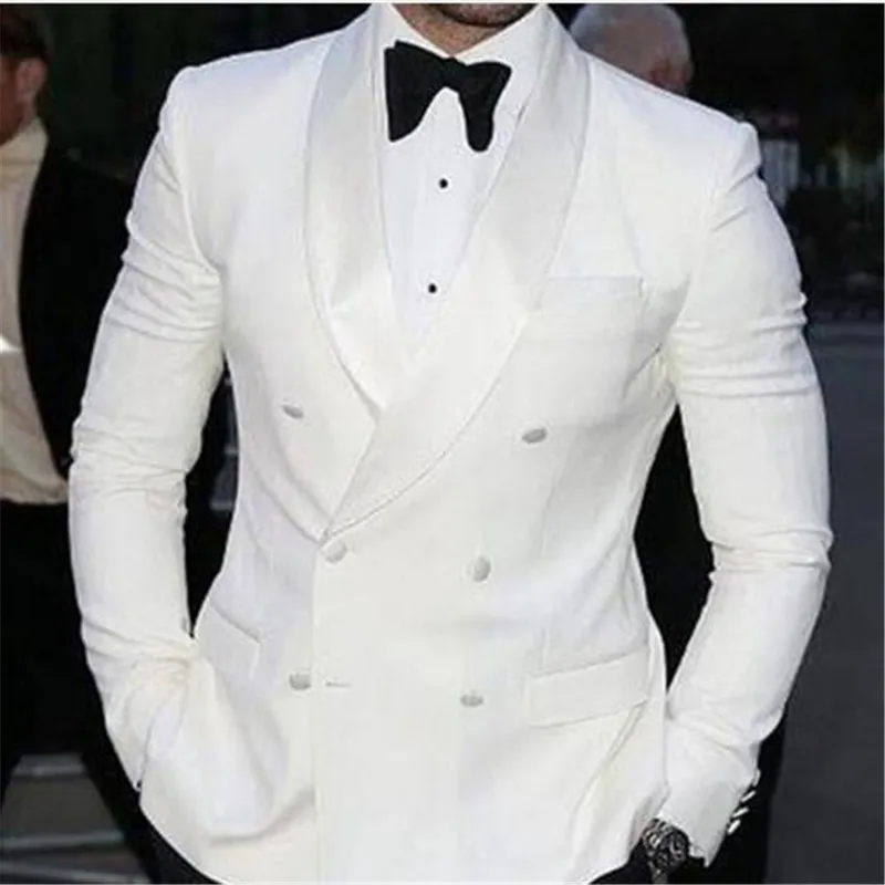 

Custom Made White Double Breasted Terno Groom Tuxedos Groomsmen Mens Wedding Suits Groom Prom Blazer( Jacket+Black Pant+Tie)