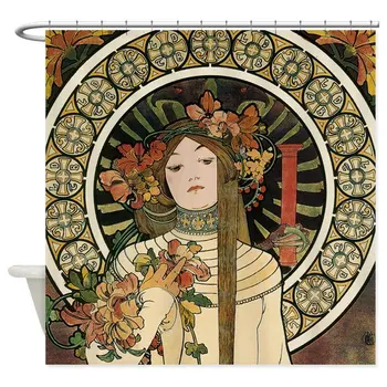 

Vintage Art Nouveau Alfonse Mucha a Trappistine Po Decorative Fabric Shower Curtain Set and Floor Mat Non-slip Doormat Rug