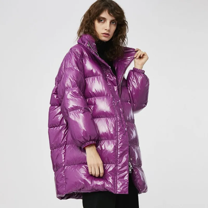 Purple Loose Down Jacket Fashion Thin Thick Winter Feather Jacket Coat Women Long Section Collar Casual Warm Overcoat Female 260 - Цвет: purple