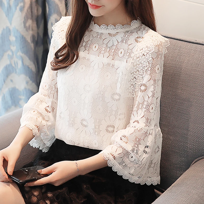 

Women Lace Blouse Flare Sleeve Fashion Womens Tops Crochet Lace Chiffon Blouses Femininas Plus Size Women Shirts