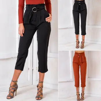 

Summer Slim Womens Calf-Length Pants Polyester Solid Color High Waist Pencil Pant Casual Lounge Wear Trousers 2019 New Hot