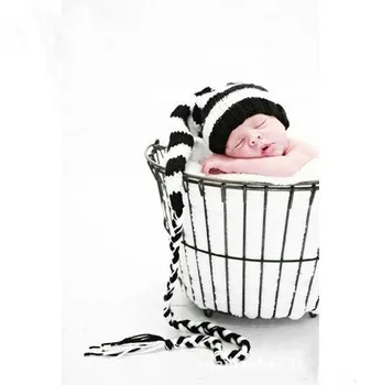 

free shipping, newborn handmade Crochet paisley pixie Elf Hat black/white with big pompom perfect NB-3m Photography Prop