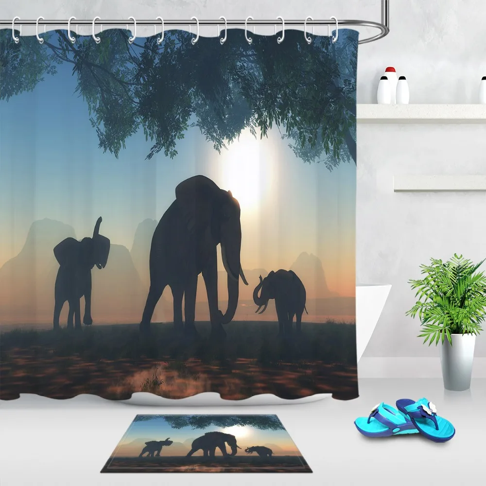 

LB Elephant Shower Curtain Set with Rug Wild Animal Bathroom Screens Waterproof Polyester Fabric for Bathtub Decor with 12 Hooks