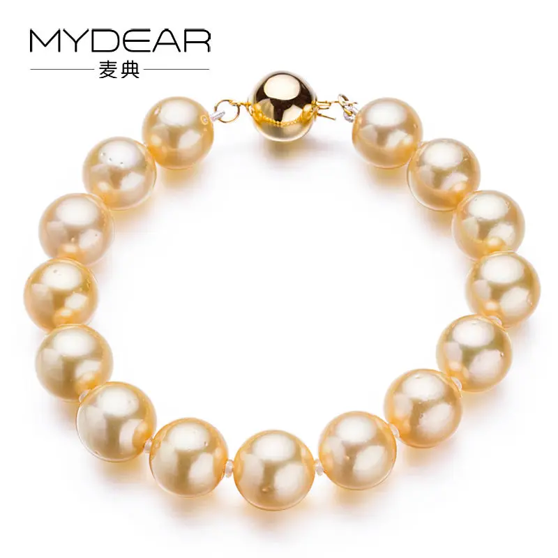 

MYDEAR Real Pearl Bracelets Natural 9-10mm Golden Southsea Pearl,Perfectly Round,Nice Luster,Pearls Bracelet Jewelry,18cm