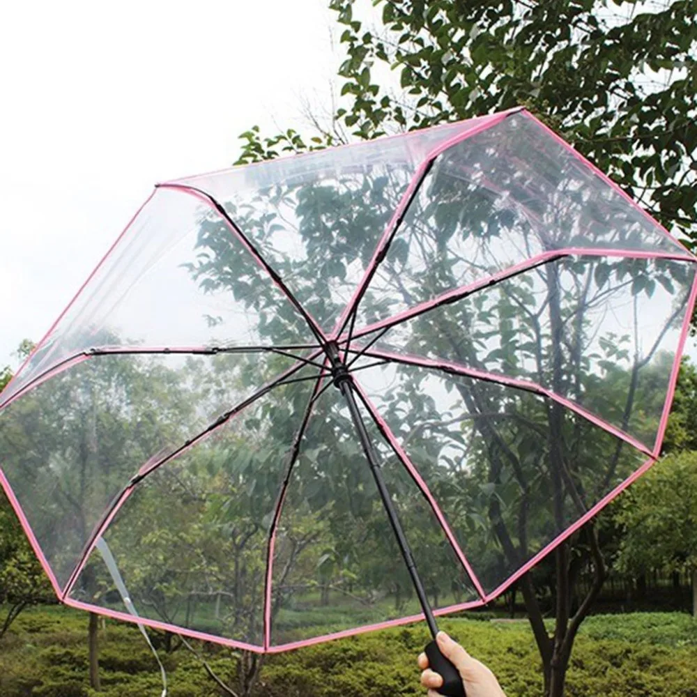 3 Colors Fully Automatic Umbrella Three Folding Clear Windproof Umbrellas Women Men 8 Rib Rainproof Transparent Umbrella Gift