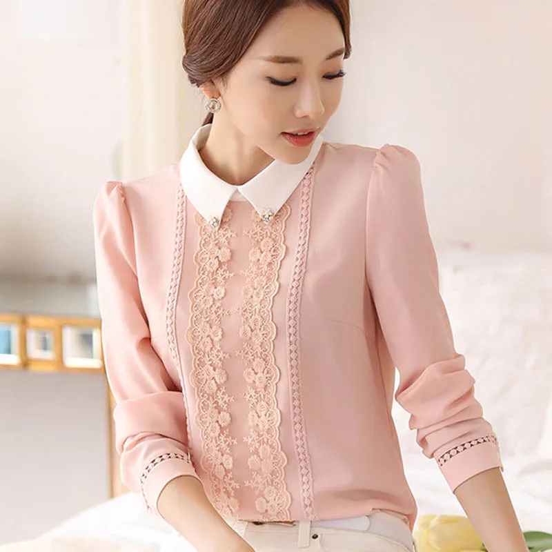 

Women Fashion Long Sleeved Peter Pan Collar Slim Lace Chiffon Blouses Shirts
