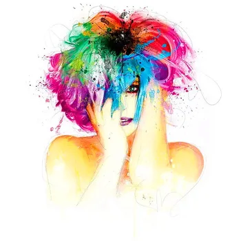 

Abstract handmade painting girl Portrait with colorful hair on oil canvas for living room decor and wallpaper