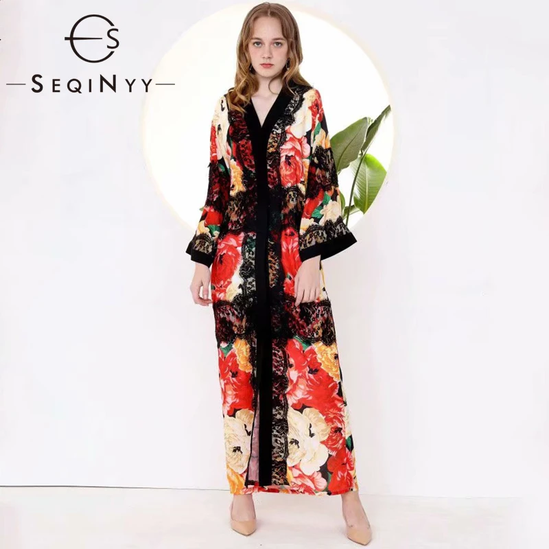 

SEQINYY Loose Long Dress 2019 Summer Spring New Fashion Design Black Lace Yellow Red Flowers Print Flare Sleeve Straight Dress