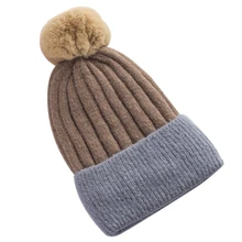 Вязаная шапка модная плюшевая подкладка зима теплая шапка бини с помпоном для зимы