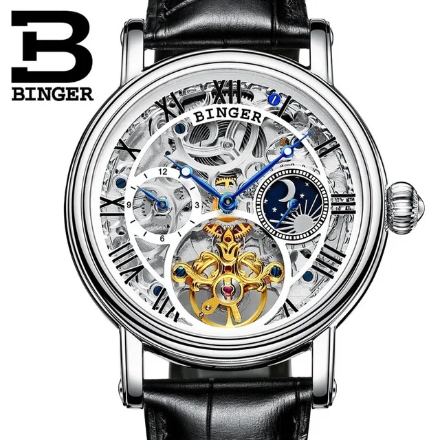 Швейцарские брендовые наручные часы Binger Relogio Masculino автоматические часы для мужчин механические часы Роскошные наручные часы со скелетом - Цвет: White Silver