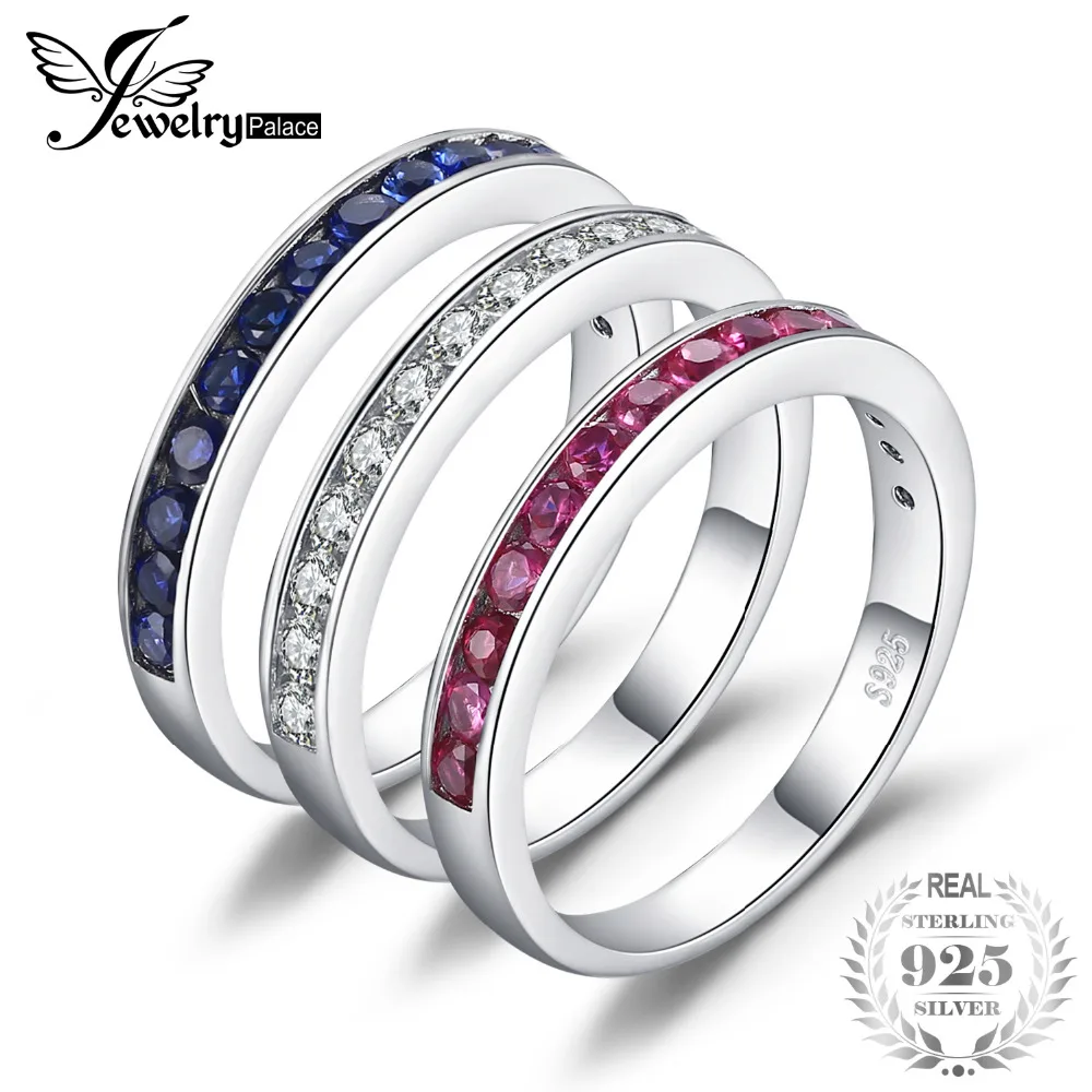 Jewelrypalace Three Stack 18Ct Round Created Ruby Sapphire Cubic Zirconia Band Eternity Ring Set 925 Sterling Silver For Women huismerk kopen in de aanbieding Jewelrypalace Three Stack 18Ct Round Created Ruby Sapphire Cubic Zirconia Band Eternity Ring Set 925 Sterling Silver For Women huismerk kopen in de aanbieding