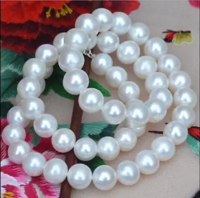 

Huge AAA10mm genuine south sea white round pearl necklace14k 18inch