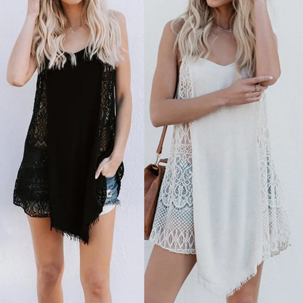 

Vestido playa 2019 sexy Womens Sleeveless Lace Sling Irregular Tass Maxi Evening Party Beach Dress salida de ba o mujeres playa