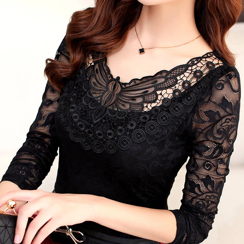 

2017 Spring Summer Fashion Women Elegant Black Lace Blouse Shirt Long Sleeve Sexy Tops Women Plus Size Clothing Y147