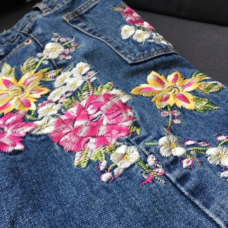 Ormell Цветочные птицы женские джинсы с вышивкой синие повседневные 3D брюки капри Весна Лето прямые джинсы с карманами женские низ