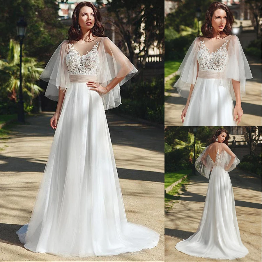 

Fashionable Tulle Jewel Neckline See-through Bodice A-Line Wedding Dress With Beaded Lace Appliques & Belt Bridal Dress