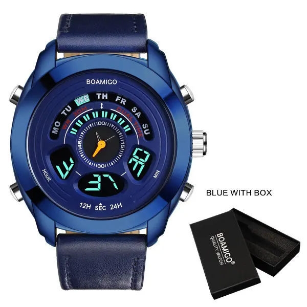 BOAMIGO, Брендовые мужские спортивные часы, мужские, синий, кожаный, светодиодный, Цифровые кварцевые наручные часы, 30 м, водонепроницаемые, подарок, часы, Reloj Hombre - Цвет: blue with box
