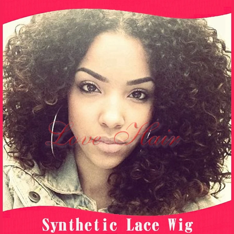 Short Kiky Curly Wigs Middle Part Cheap Synthetic Lace Front Wig