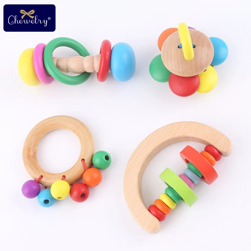 

4pc Baby Wooden Toys Baby Rattles Rainbow Bells Montessori Educational Musical Toys Tiny Rod Beech Wooden Rings Children'S Goods