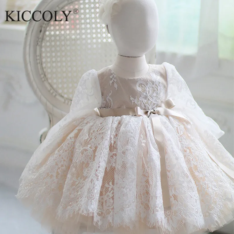 Милое Свадебное платье с цветочным узором для девочек вечерние платья с длинными рукавами на крестины для маленьких девочек на 1 год, платье на день рождения для маленьких девочек одежда для крещения - Цвет: Белый