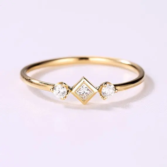 

MYRAY Natural Genuine Diamond Engagement Ring Solid 14k Yellow Gold Princess Cut Round 3 Stone Bridal Anniversary Gift Women Set