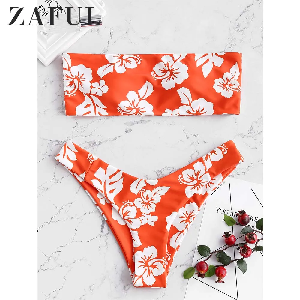 

ZAFUL Bandeau Bikini Strapless Floral Padded Bikini Set Wire Free Women Swimsuit Padded Print Sexy Swimwear 2019 Bathing Suit