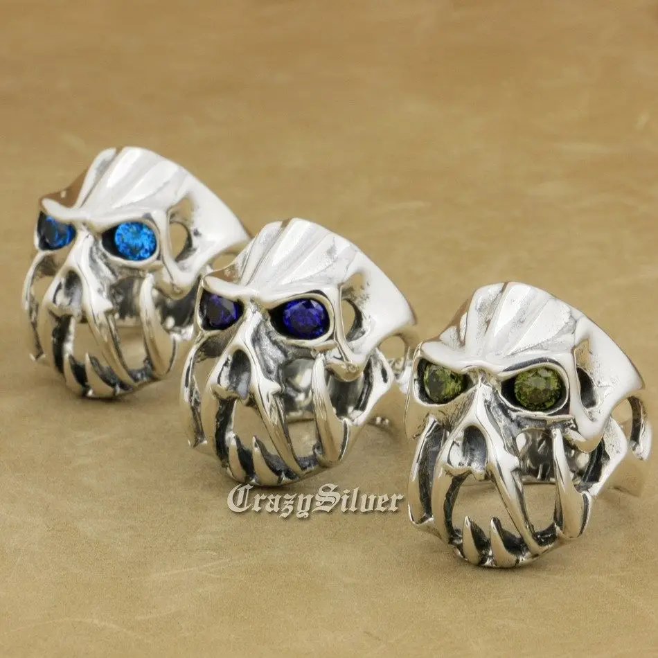 

US Size 8 to 14 Devil Alien CZ Eyes Skull Tiger Tooth 925 Sterling Silver Mens Biker Rocker Punk Ring 8V104
