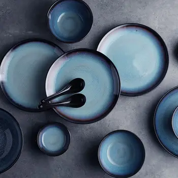 household Ceramic Pigment Retro Round Rice Plate Meat Fruit Plate Household Tableware Set