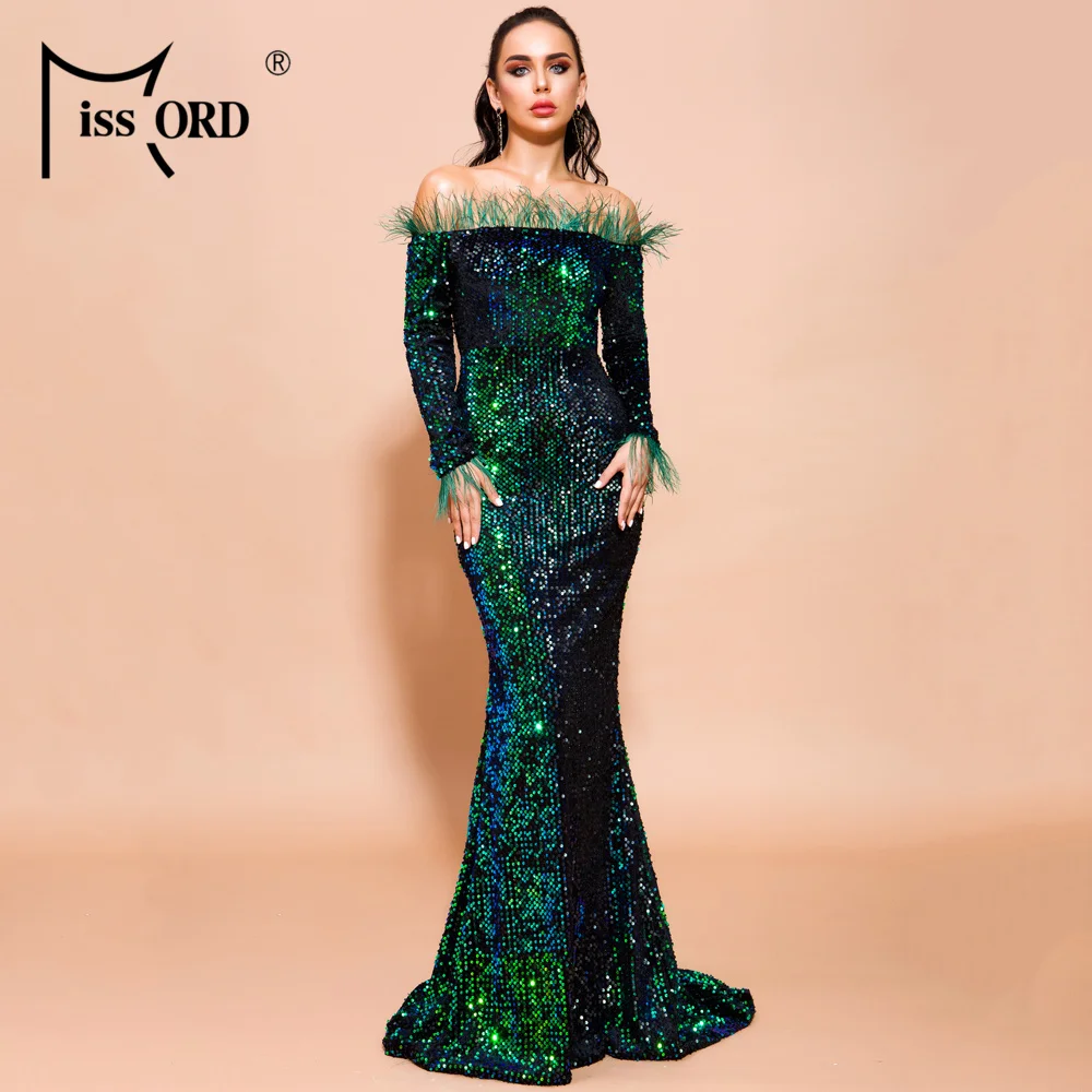 Cena Missord 2019 kobiety Sexy Off Shoulder Feather z długim rękawem cekiny piętro długość wieczór Maxi odblaskowa sukienka Vestdios FT19005 2