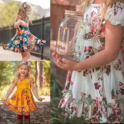 Летнее платье для девочек, хлопковое Повседневное платье с рюшами и цветочным принтом, праздничное платье принцессы, Детский костюм
