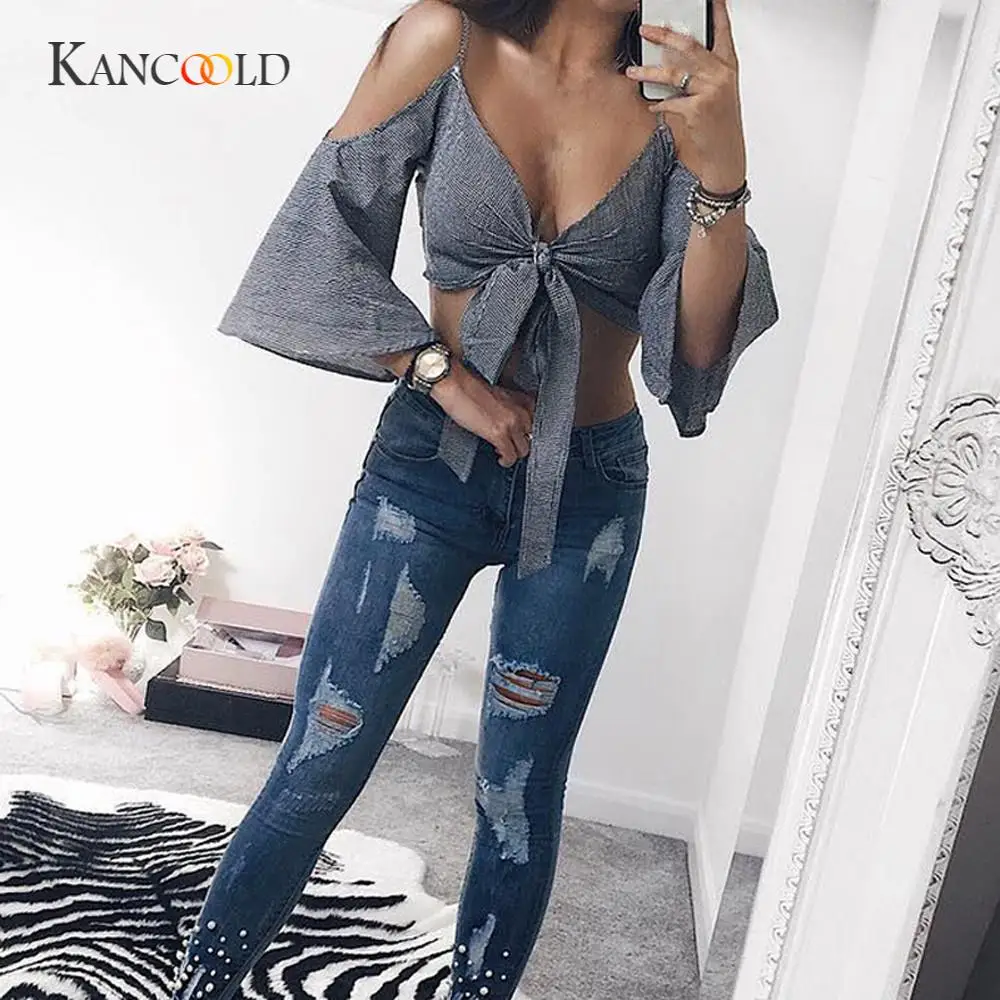 Kancoold Топы на бретельках укороченные Стандартный топ с капюшоном Для женщин дамы плед назад рукавов укороченный топ, Футболка Блузка Майки jan19