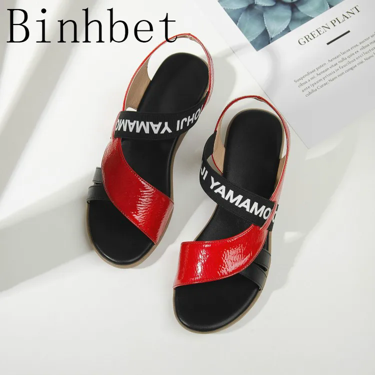 

BINHBET 2019 Genuine Leather Women Sandals Hot Sale Fashion Summer Sweet Women Flats Heel Sandals Ladies Shoes Black