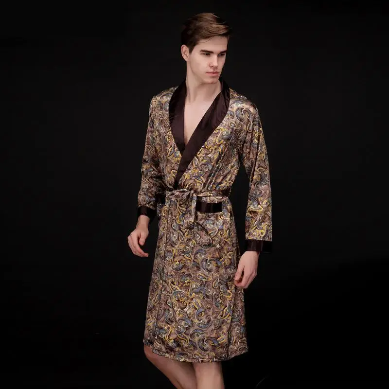 men's pajama sets Mens Summer Paisley Print Silk Robes Male Senior Satin Sleepwear Pajamas Long Kimono Dressing Gown Bathrobe For Man mens tall pajama pants