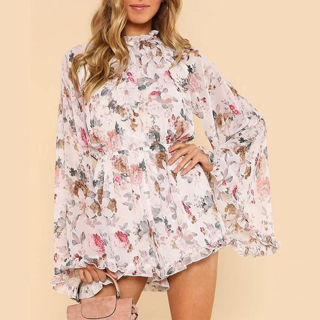 

Women Chiffon Long Sleeve Printed High Waisted Playsuits Holiday Casual Beach Jumpsuit Rompers Womens Jumpsuit Foral #H