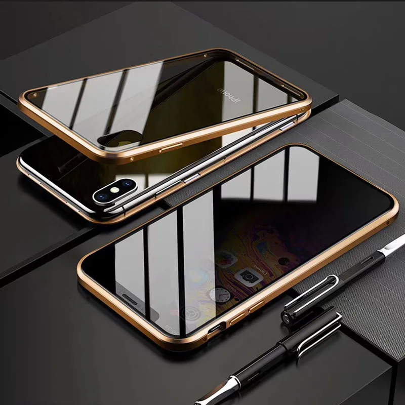 Анти-шпионское надежное закаленное стекло чехол для iPhone X XR XS MAX 360 полный корпус Магнитный металлический чехол для iPhone 7 Plus 8 Plus - Цвет: Gold