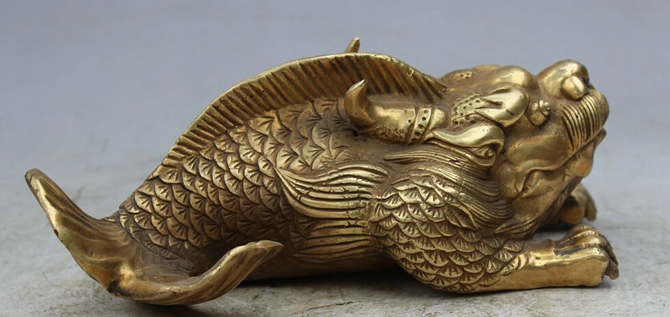 

JP S0606 8" China Chinese Brass Copper FengShui Myth Dragon Fish Beast Statue Sculpture