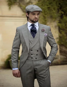Cena 2018 W Stylu Vintage Szary Męskie Garnitury Szczyt Lapel Garnitury ślubne Dla Mężczyzn Groom Smokingi Dla Mężczyzn Jeden Przycisk Garnitur (kurtka + Spodnie + Kamizelka)