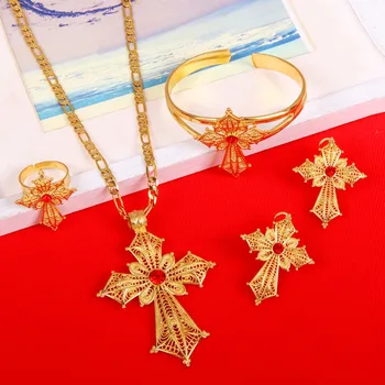 

Ethiopian Stone Color Cross Jewelry Set Gold Color Necklace Earrings Ring Bangle Habesha Africa Wedding Gifts