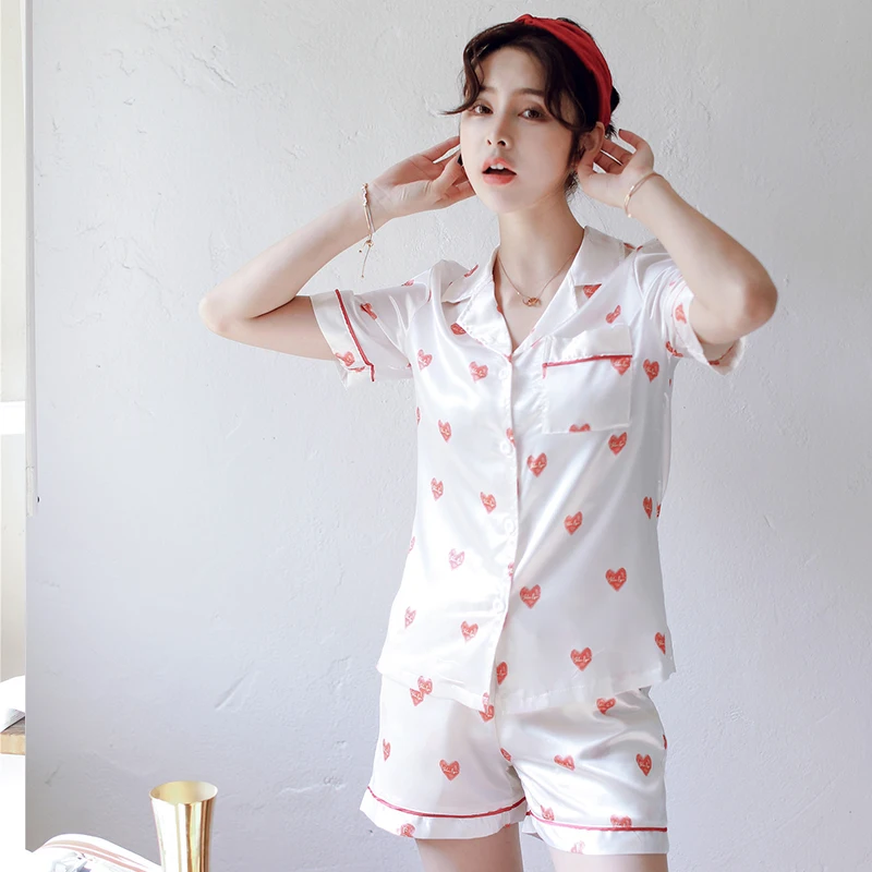 Summer Women Rayon Pajamas Sets Heart Printed Sleepwear Ladies Faux Silk Pyjamas Bundle Soft