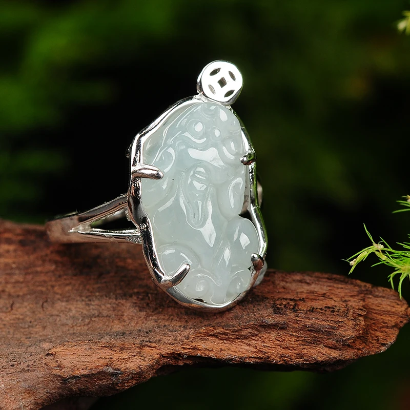 

925 silver inlaid natural A cargo emerald brave rings Myanmar jade stone fortune jade brave men and women models silver
