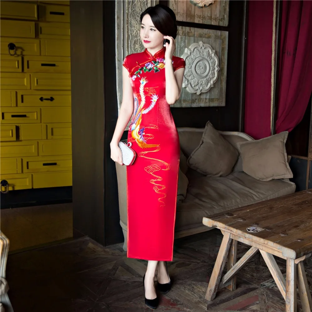 Шанхай история Феникс струйной печати orientaldresses Qipao Для женщин традиционное платье ручной работы Cheongsam Длинные китайское платье красный