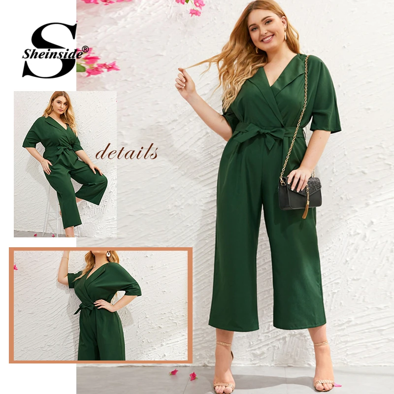 Sheinside Plus Size Green V Neck Wide Leg Jumpsuit Women Summer Zip Back Jumpsuits Office Ladies Solid Half Sleeve Jumpsuit