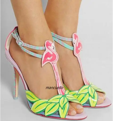 

Unique Design Colorful PU Leather Open Toe Sandals Plant Animal Pattern Decorated T-strap Buckle Stiletto Heel Dress Sandals