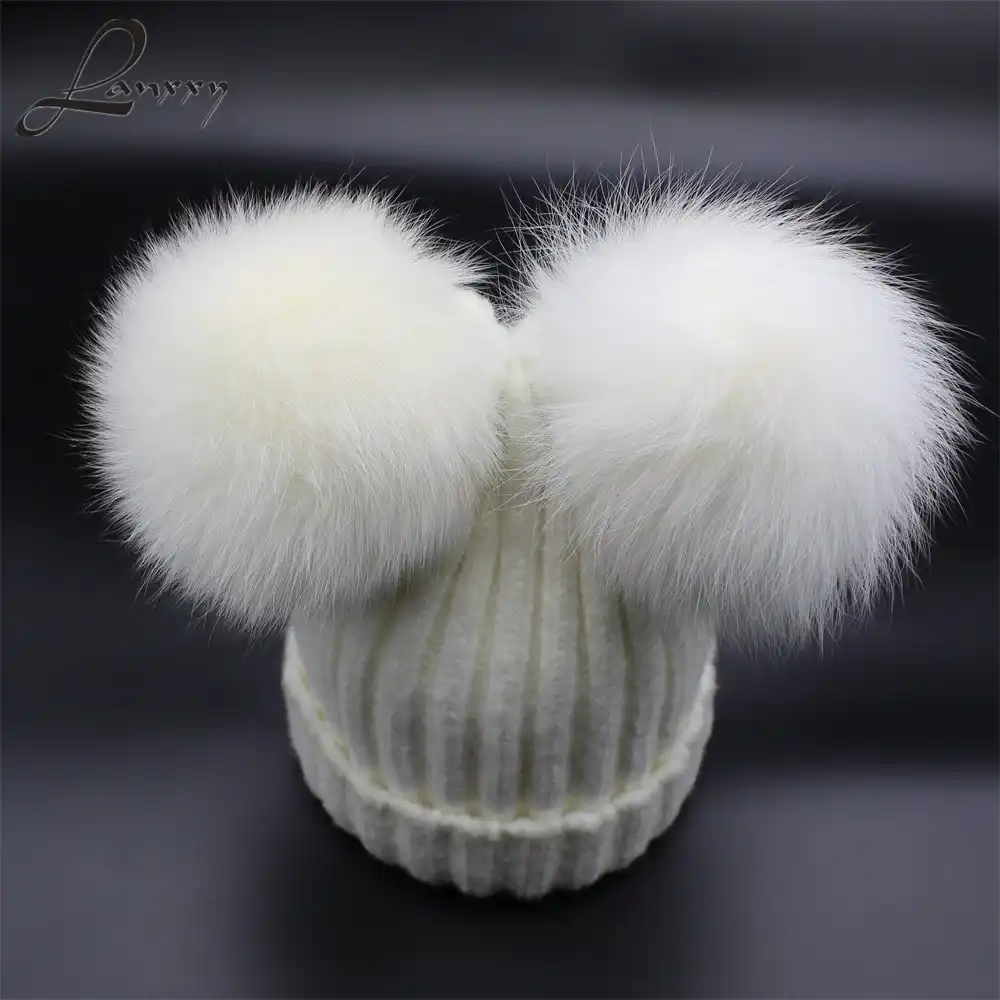 Lanxxy Real Fox Fur Pompom Hat Women Girls Winter Wool Hats For Women Cute Two Pom Poms Beanies Knitted Skullies Female Cap Hats Stickers Hat Holderhat Fisherman Aliexpress