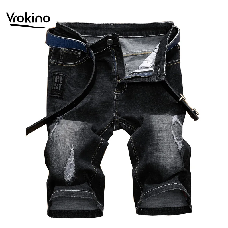 VROKINO летний в черный шорты для женщин для мужчин's джинсы мужчин модные обтягивающие рваные джинсы мужские трусы 38 40 42
