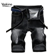 VROKINO летний в черный шорты для женщин для мужчин's джинсы мужчин модные обтягивающие рваные джинсы мужские трусы 38 40 42