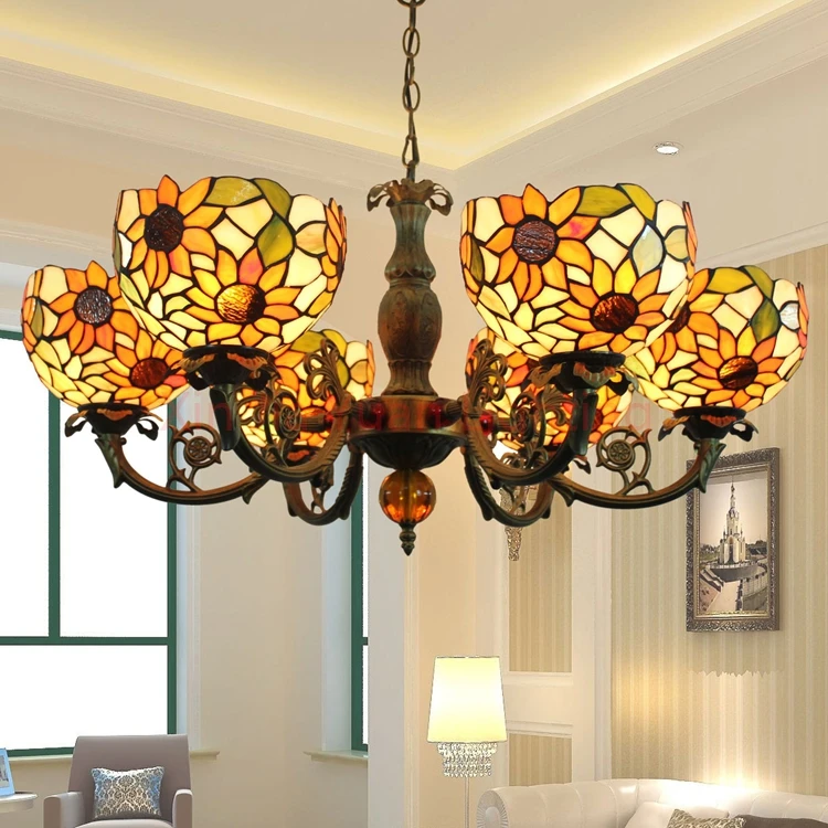 

Tiffany sunflower Pendant lights Stained Glass Suspended Luminaire E27 110-240V Chain for Home Parlor Dining Room hanging light